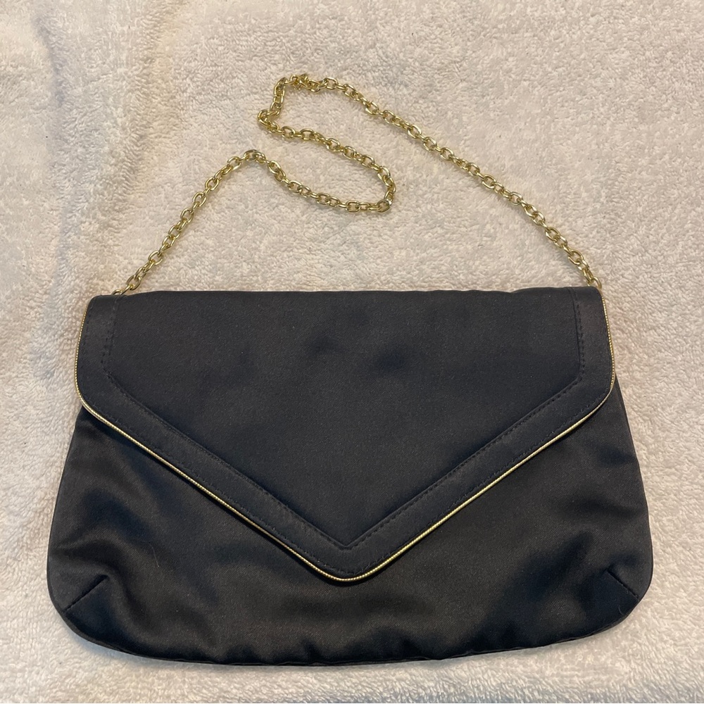Magid Black satin envelope clutch bag with gold chain